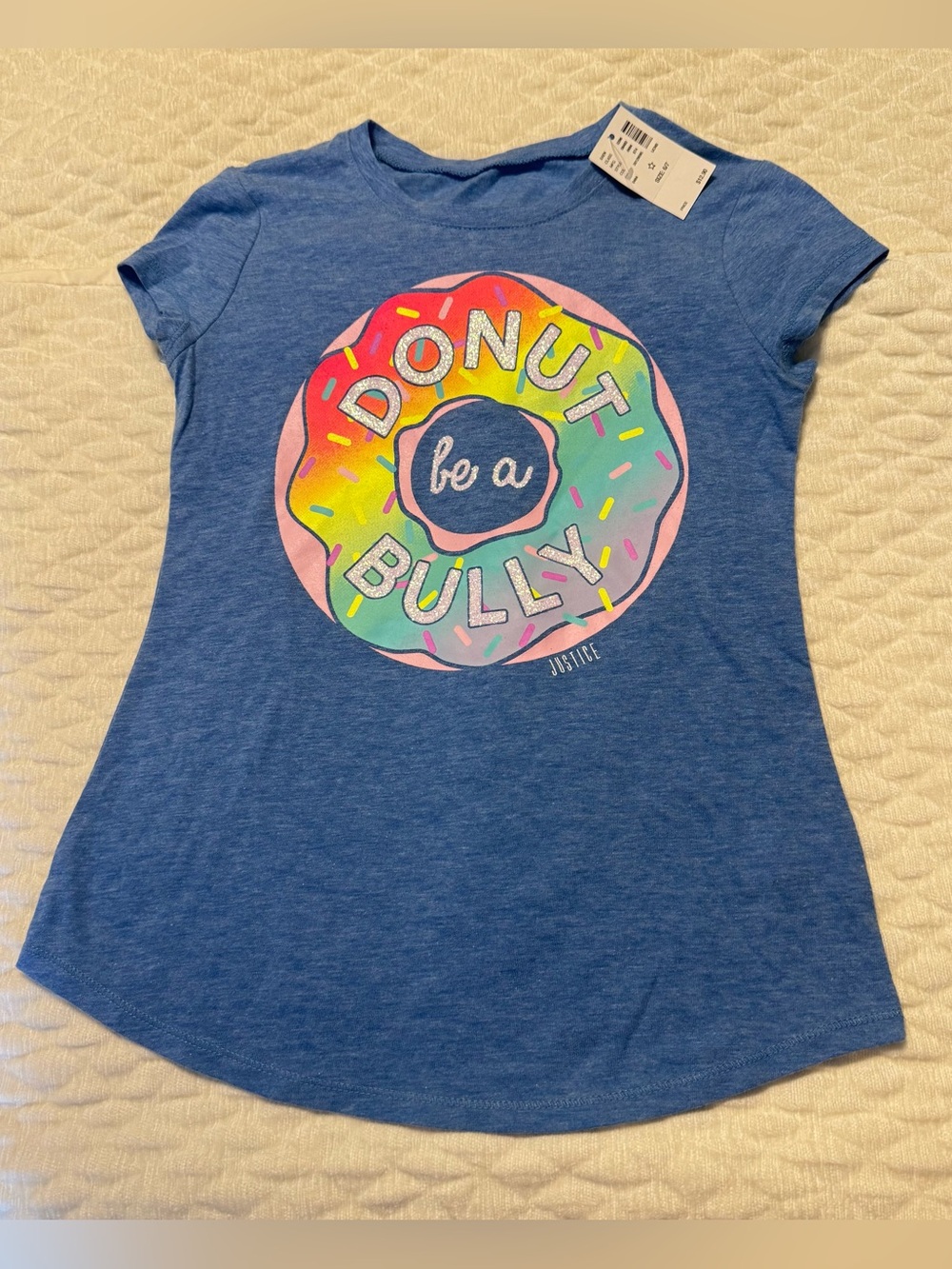 Justice T Shirt Donut be a Bully Kids Size 6/7 Blue NEW Back to School